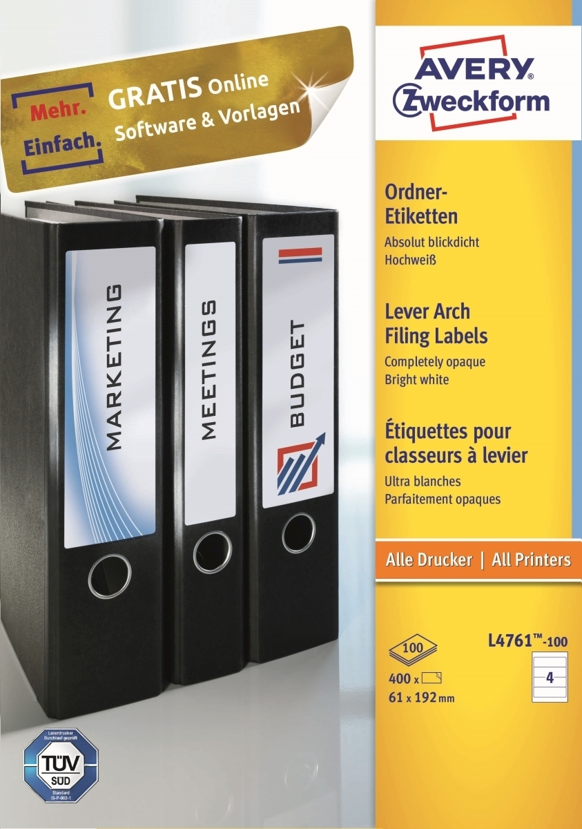 Drei schwarze Ordner mit Etiketten: Marketing, Meetings, Budget. Avery Zweckform-Logo.