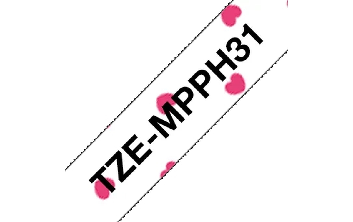 Ein Band mit dem Text TZE-MPPH31 und rosa Herzen auf weißem Grund.