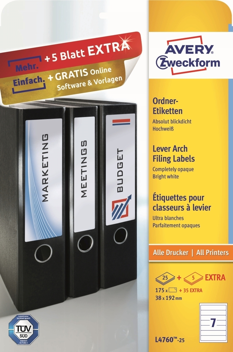 Drei schwarze Ordner mit Etiketten: MARKETING, MEETINGS, BUDGET. Avery-Zweckform-Verpackung.
