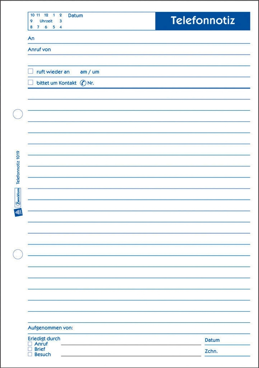 Ein blanco Telefonnotizformular mit Feldern für Datum, Uhrzeit, Anrufer und Notizen.