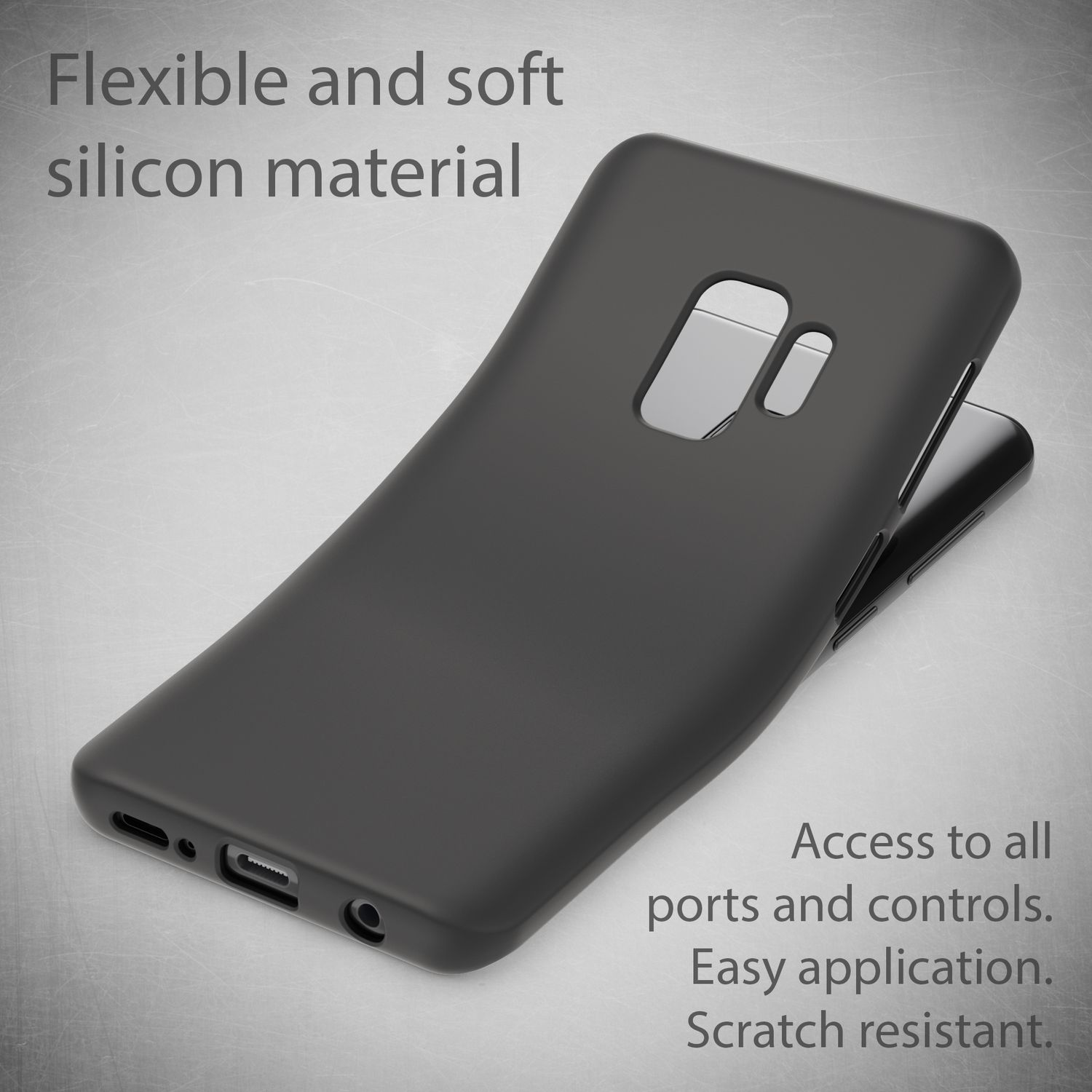 Schwarze flexible Silikon-Handyhülle mit Kameraaussparung und Portzugang.