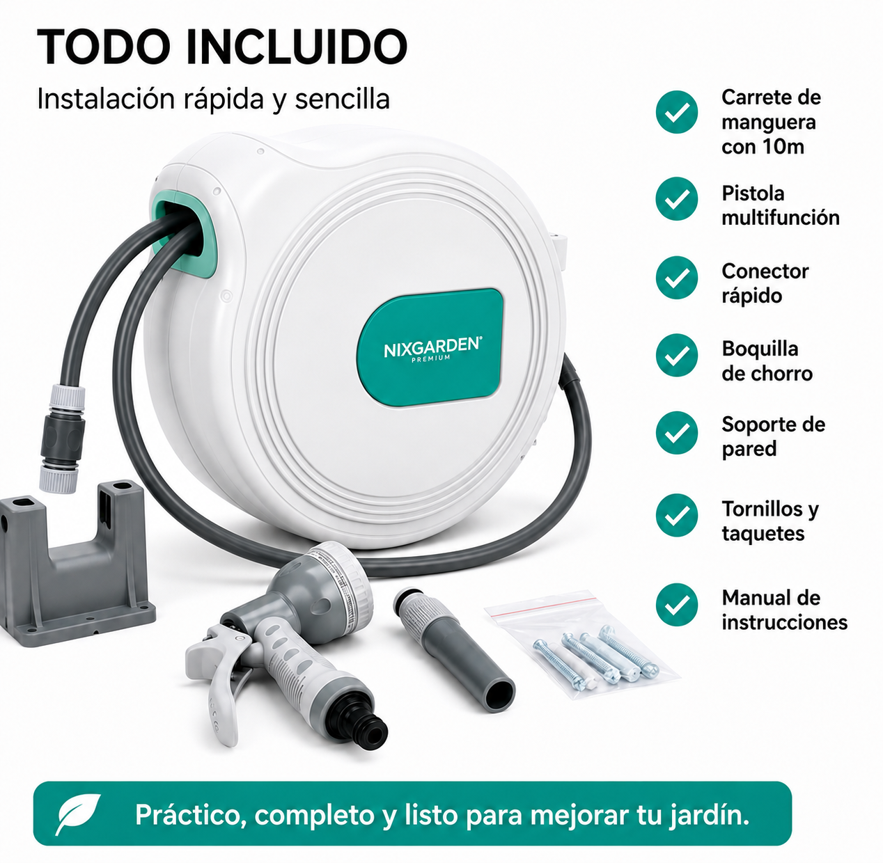 Un enrollador de manguera de jardín blanco con accesorios, incluyendo una pistola pulverizadora y tornillos.