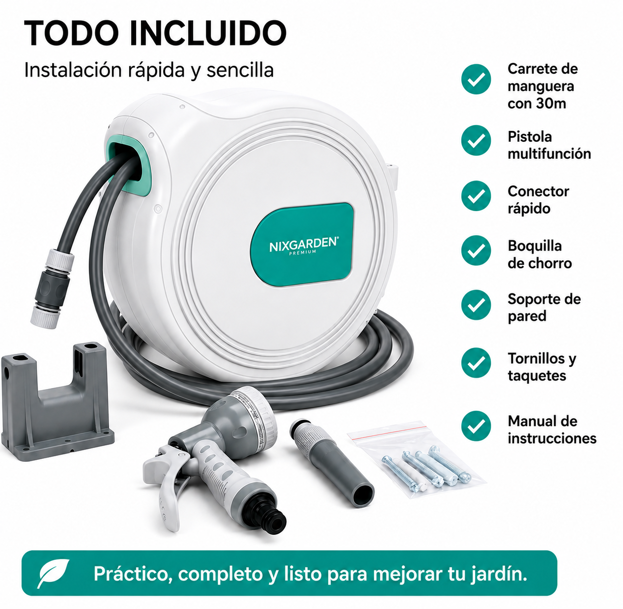 Carrete de manguera retráctil con manguera, pistola de riego, soporte de pared y tornillos.