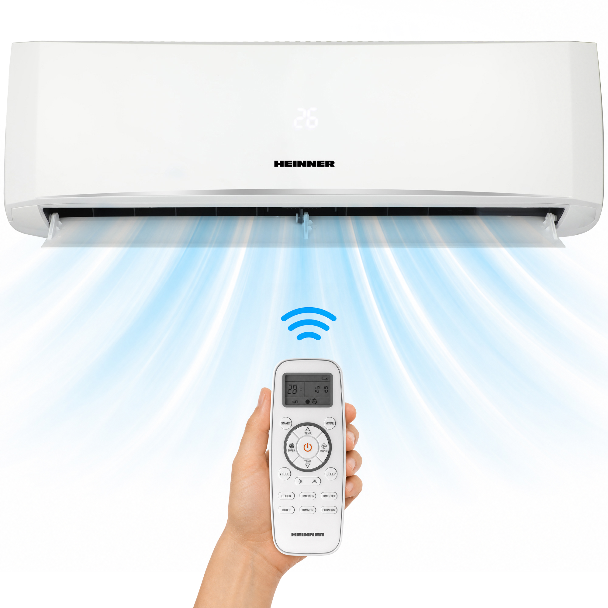 A white Heinner air conditioner remote is held, with blue air streams from the unit.