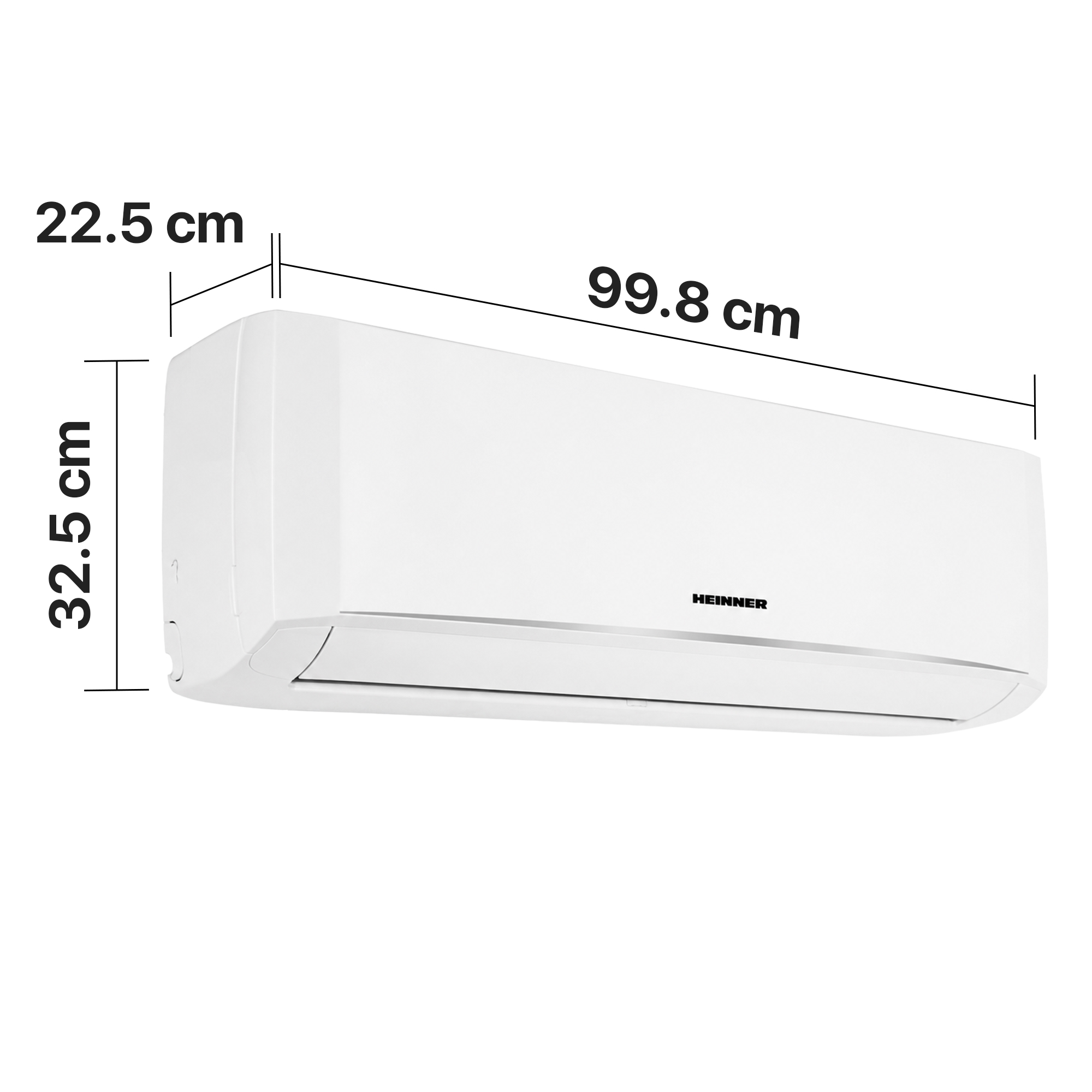 A white air conditioner unit measuring 22.5 cm x 32.5 cm x 99.8 cm.