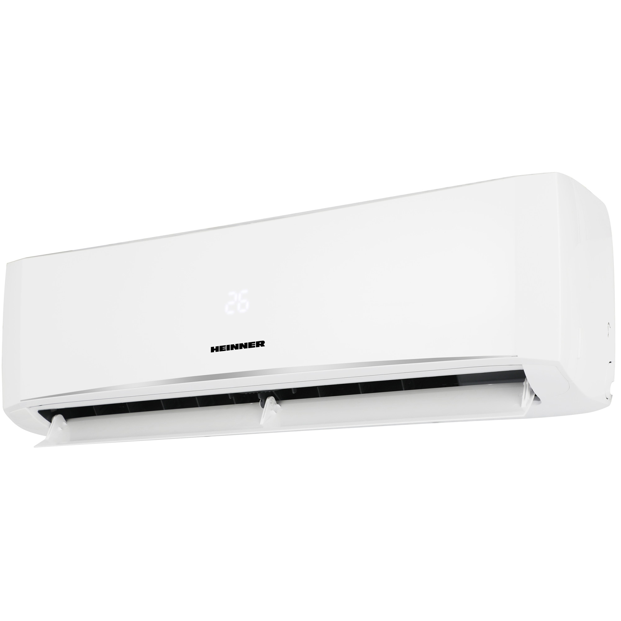 A white air conditioner unit displaying 26 degrees and the HEINNER logo.