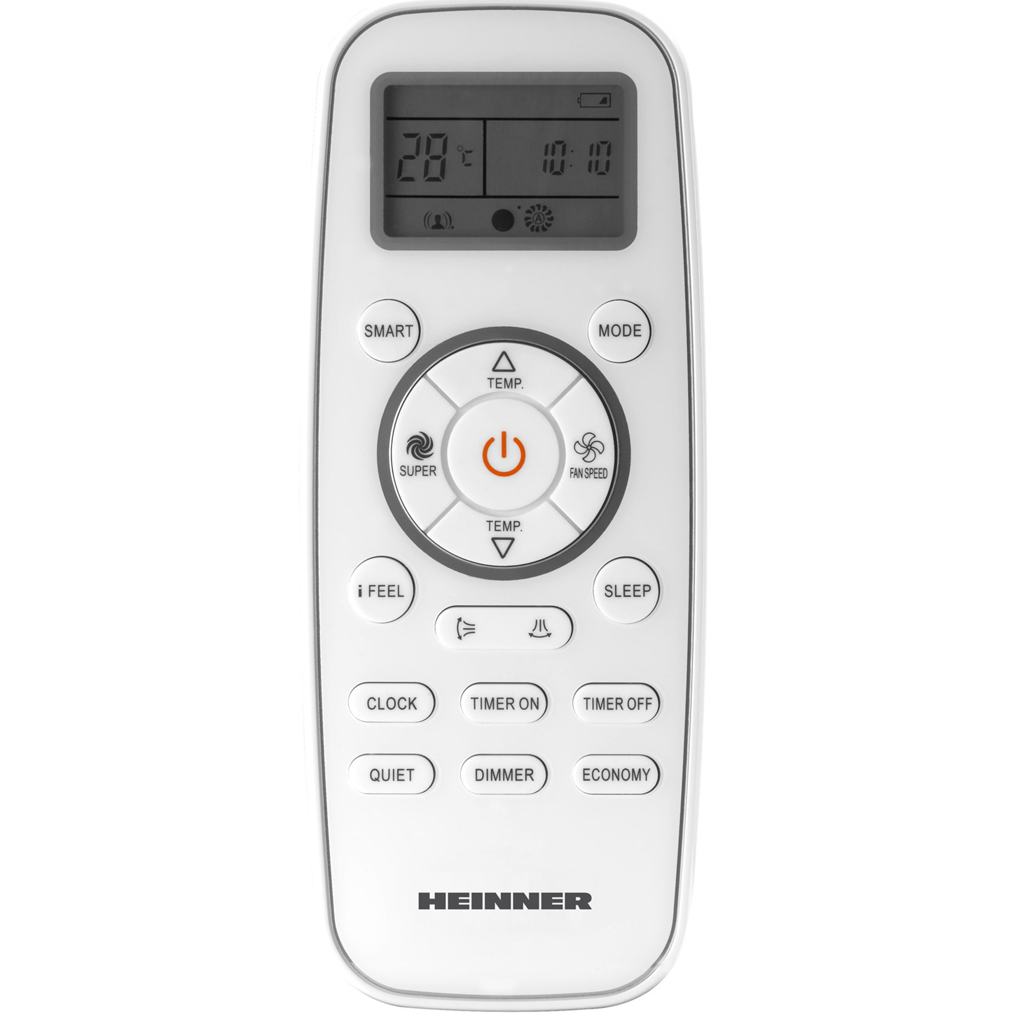 White remote control with LCD screen and buttons for air conditioner.
