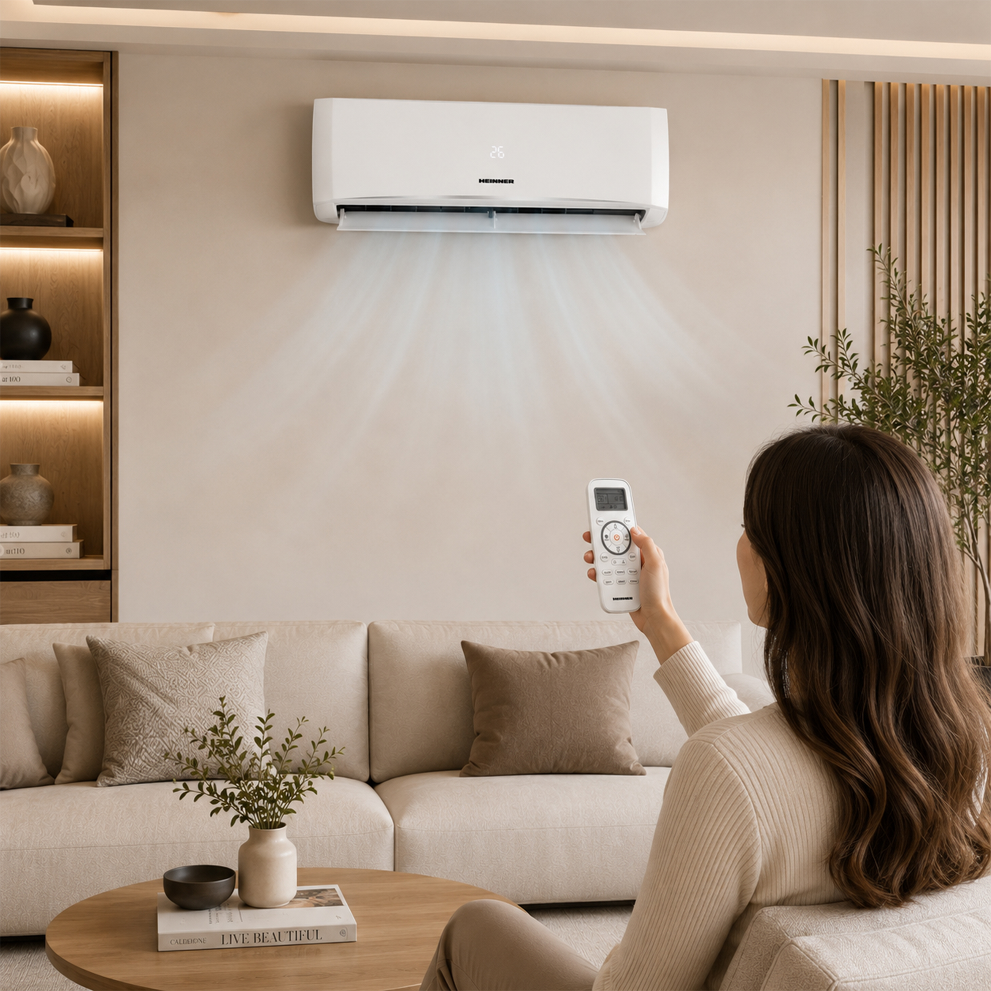 A woman operates an air conditioner with a remote control in a modern living room.