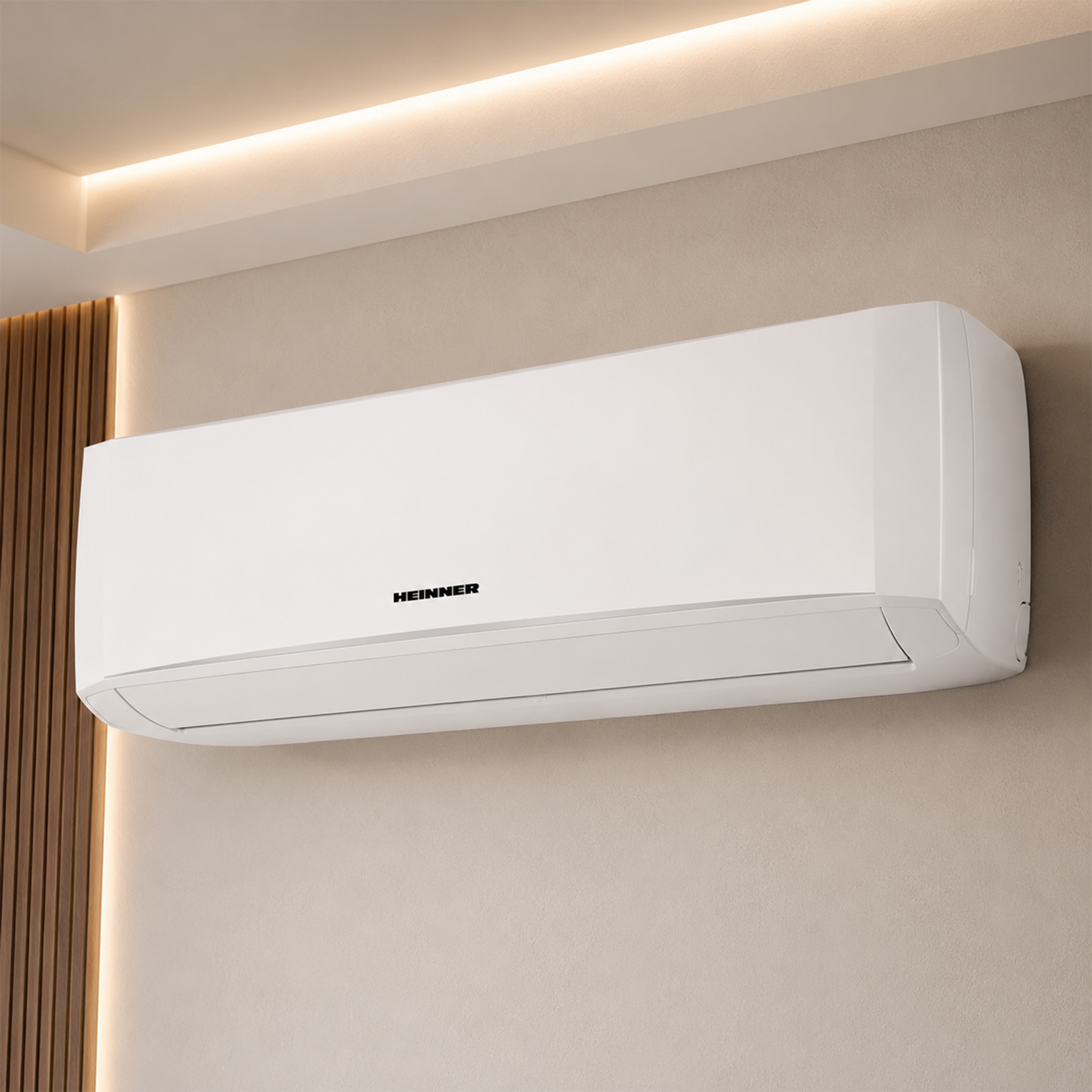 A white air conditioner unit is mounted on a wall next to wood paneling.