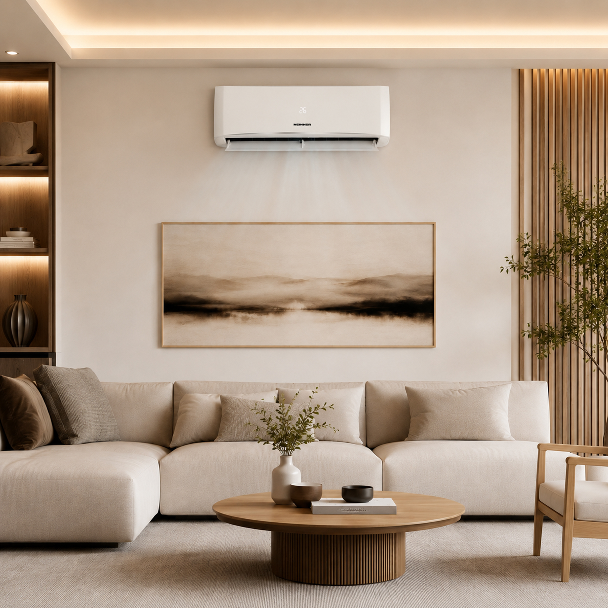 A bright living room featuring a sofa, coffee table, artwork, and an air conditioner.