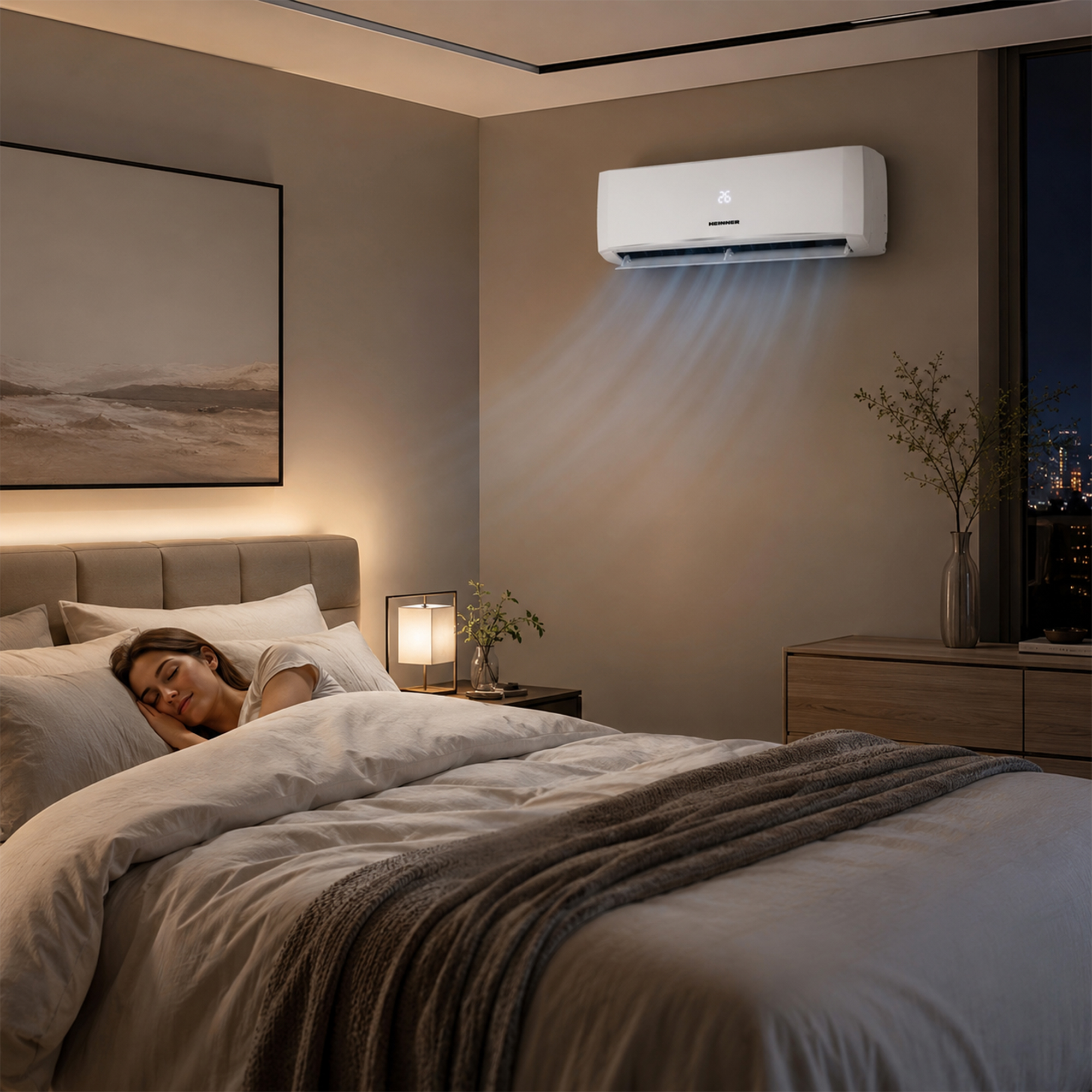 A woman sleeps in bed while an air conditioner blows cool air.