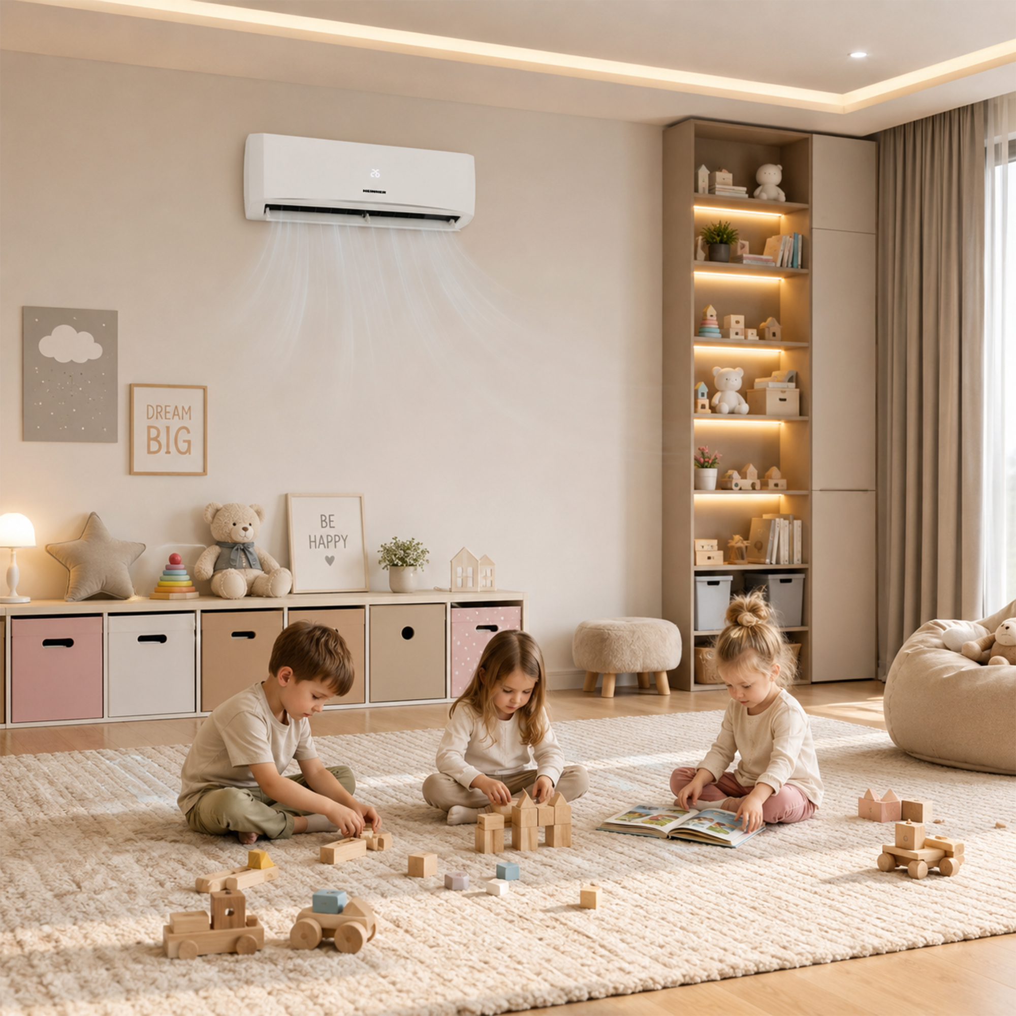 Children play with wooden blocks on a rug, with an air conditioner running.