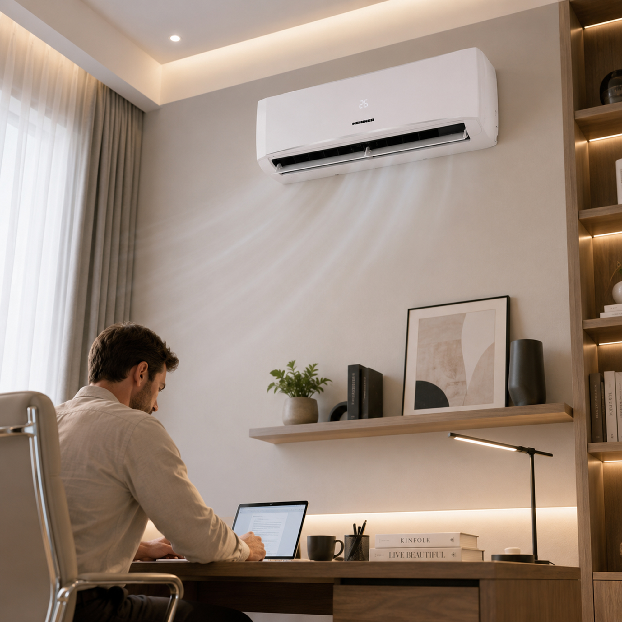 A man works on a laptop in a modern office with an air conditioner on.