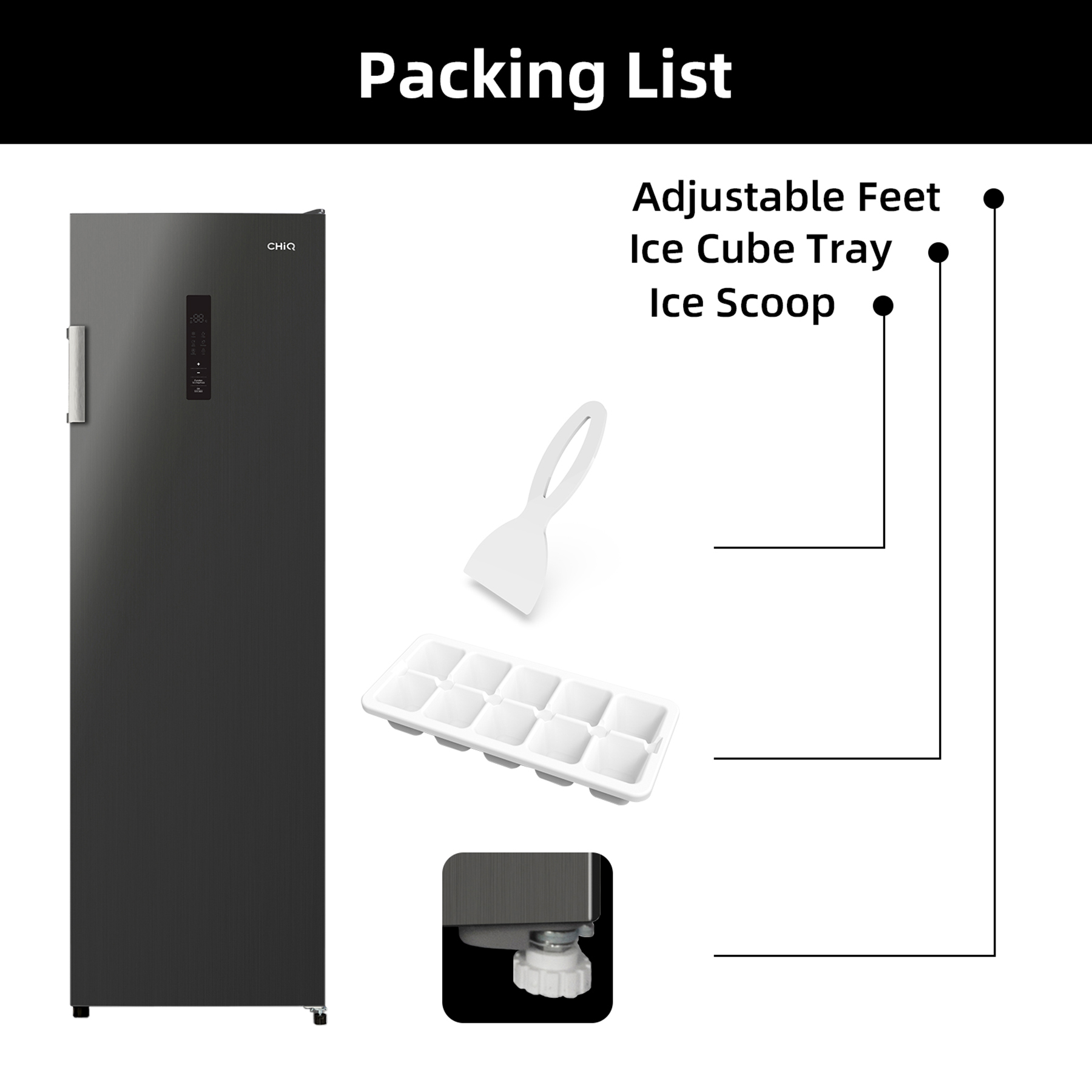 Un refrigerador negro con cubitera, pala para hielo y patas ajustables.
