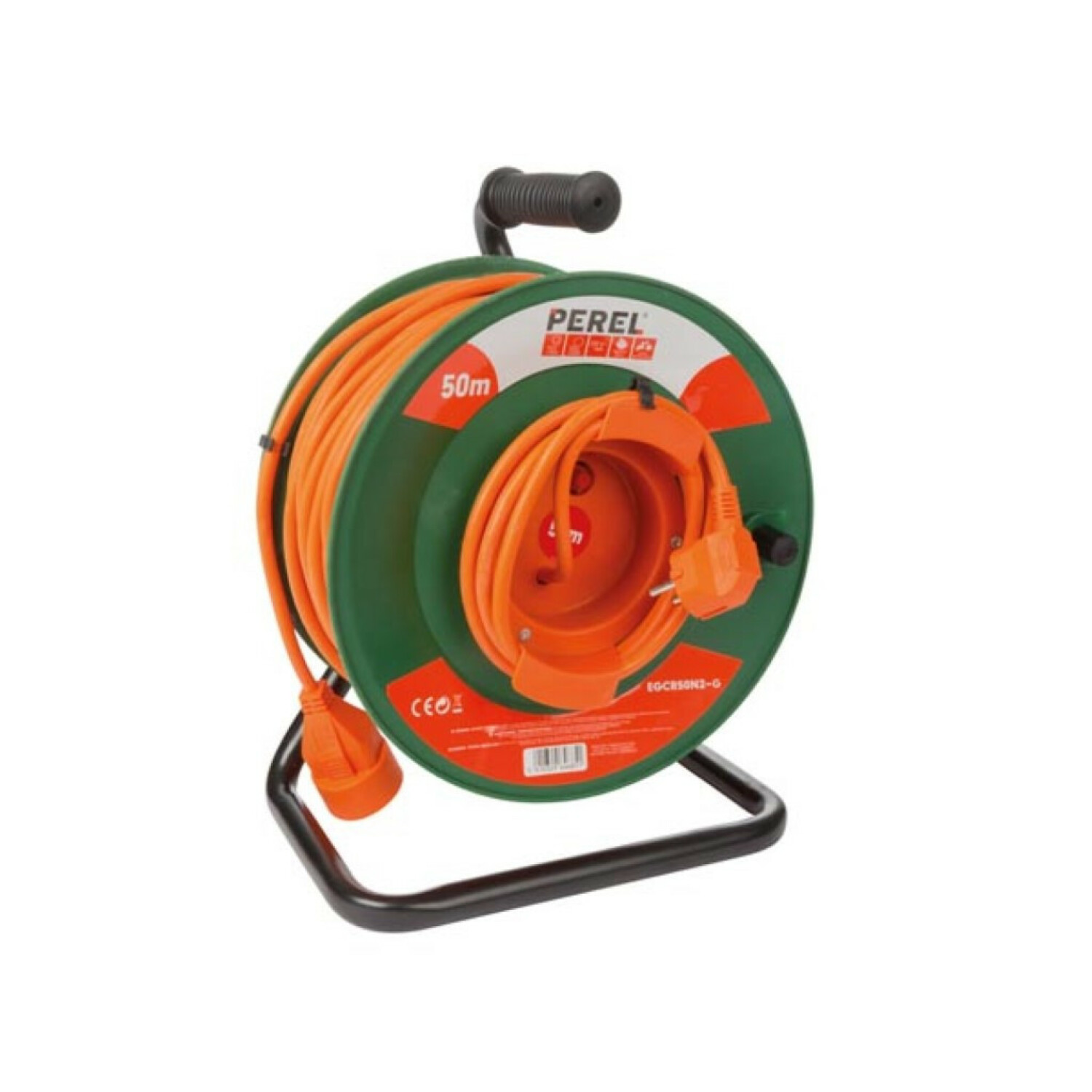 Grüner Kabelroller mit 50m orangefarbenem Kabel und Stecker.