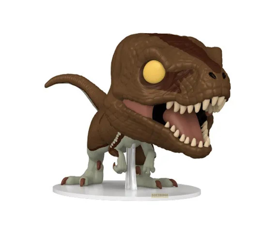 Un juguete de dinosaurio marrón con ojos amarillos y boca abierta.