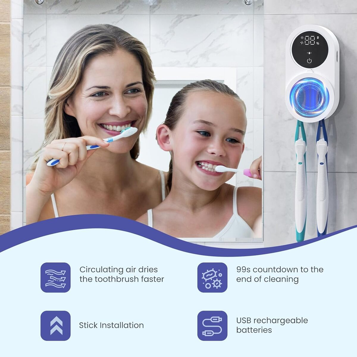 Madre e hija se cepillan los dientes. Portacepillos de dientes con luz UV.