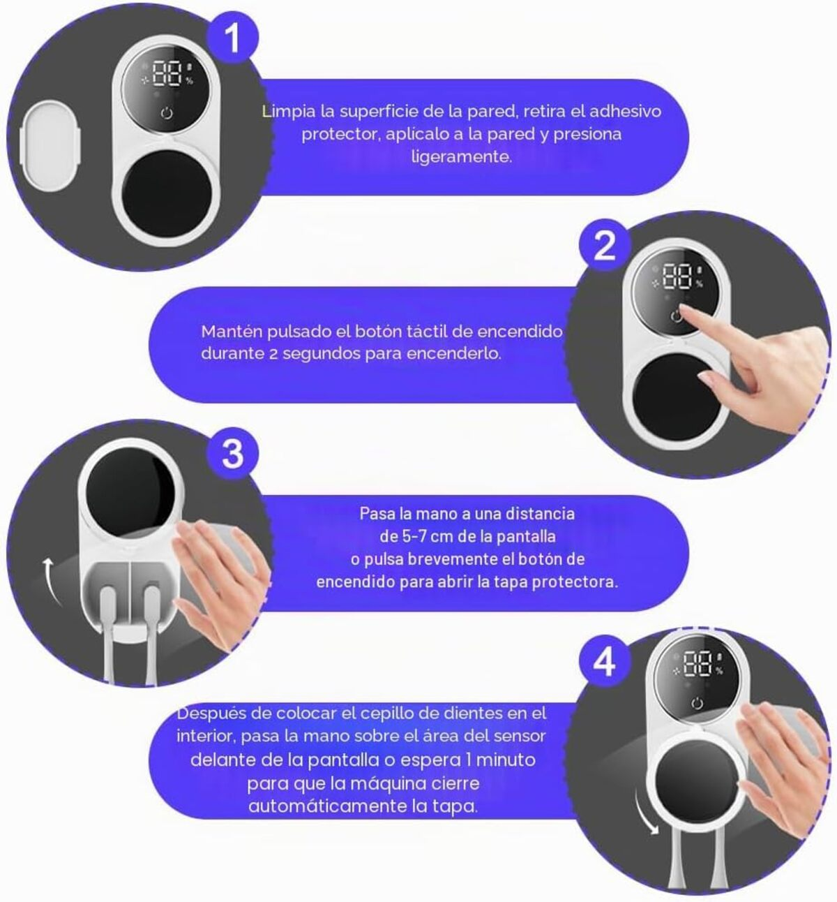 Instrucciones para colocar y usar un soporte de pared para un cabezal de cepillo.