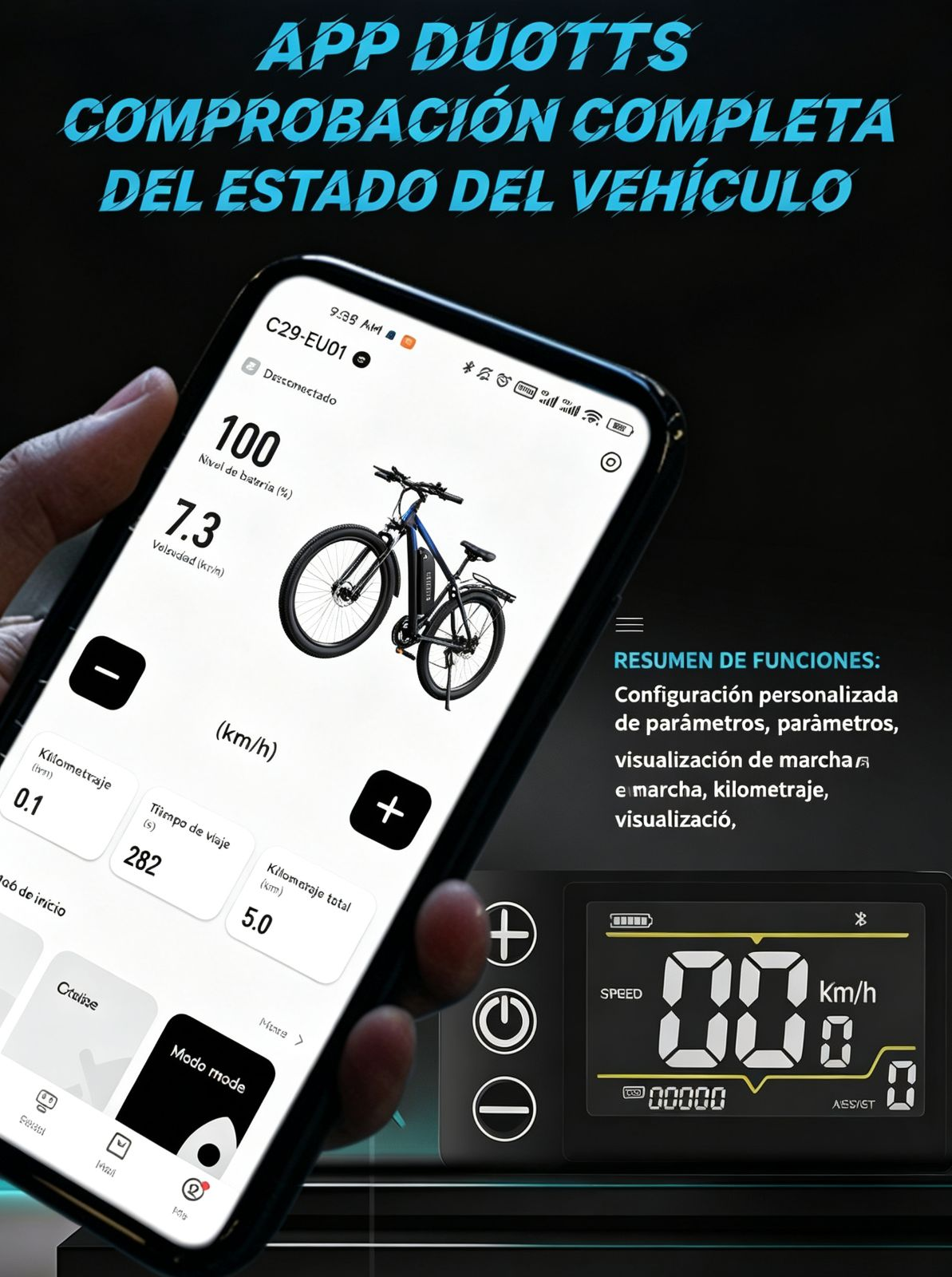 Pantalla de app con bicicleta, estado de batería, velocidad y datos.
