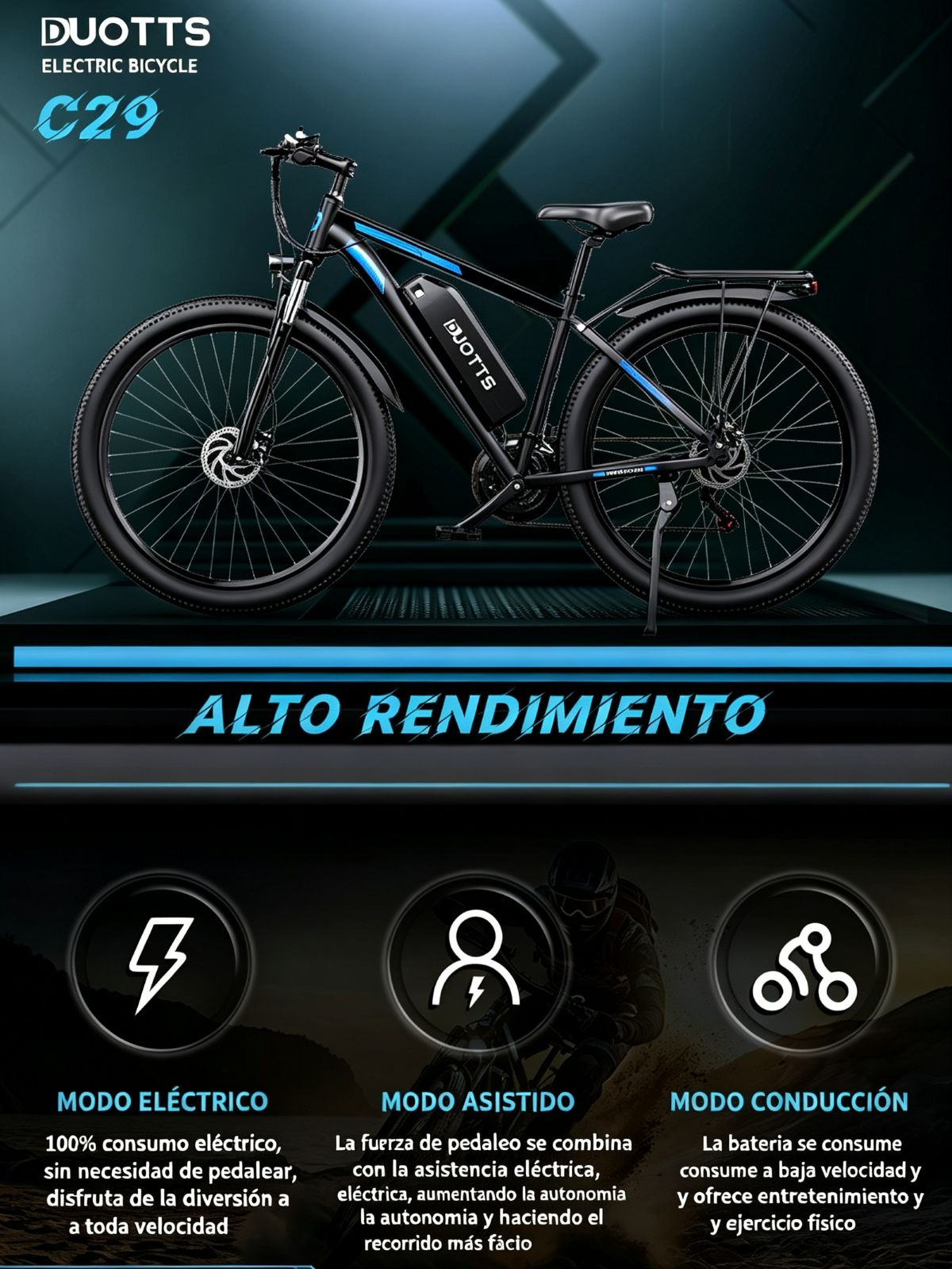 Una bicicleta eléctrica negra con detalles azules y marca DUOTTS.