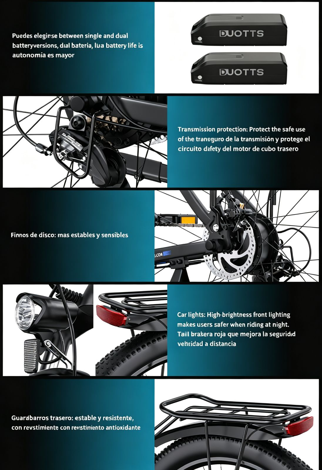 Dos baterías negras DUOTTS, piezas de bicicleta: protección, frenos de disco, luces y portaequipajes.