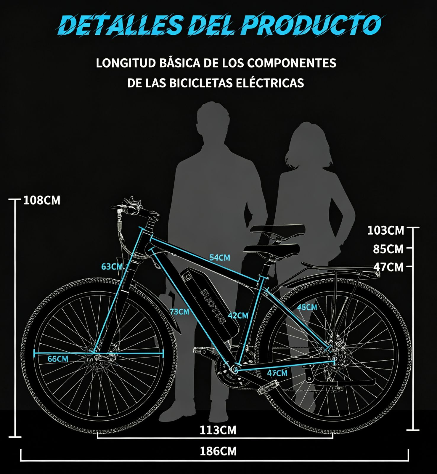 Ilustración de dimensiones de bicicleta eléctrica con siluetas humanas y líneas de medida.