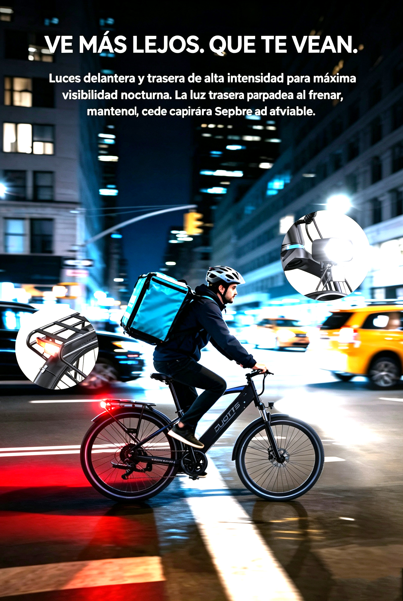 Un hombre en bicicleta eléctrica con mochila azul viaja por la ciudad de noche.