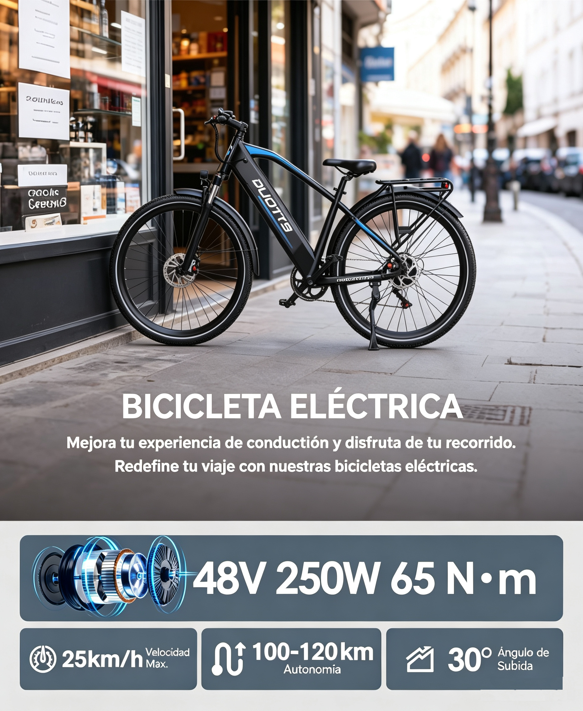 Una bicicleta eléctrica negra aparcada frente a una tienda con texto.