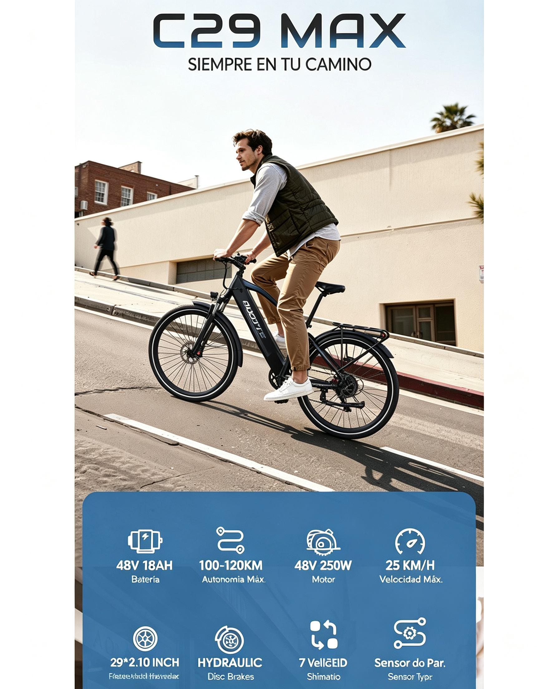 Un hombre monta una e-bike negra en una carretera, con texto detallando especificaciones.