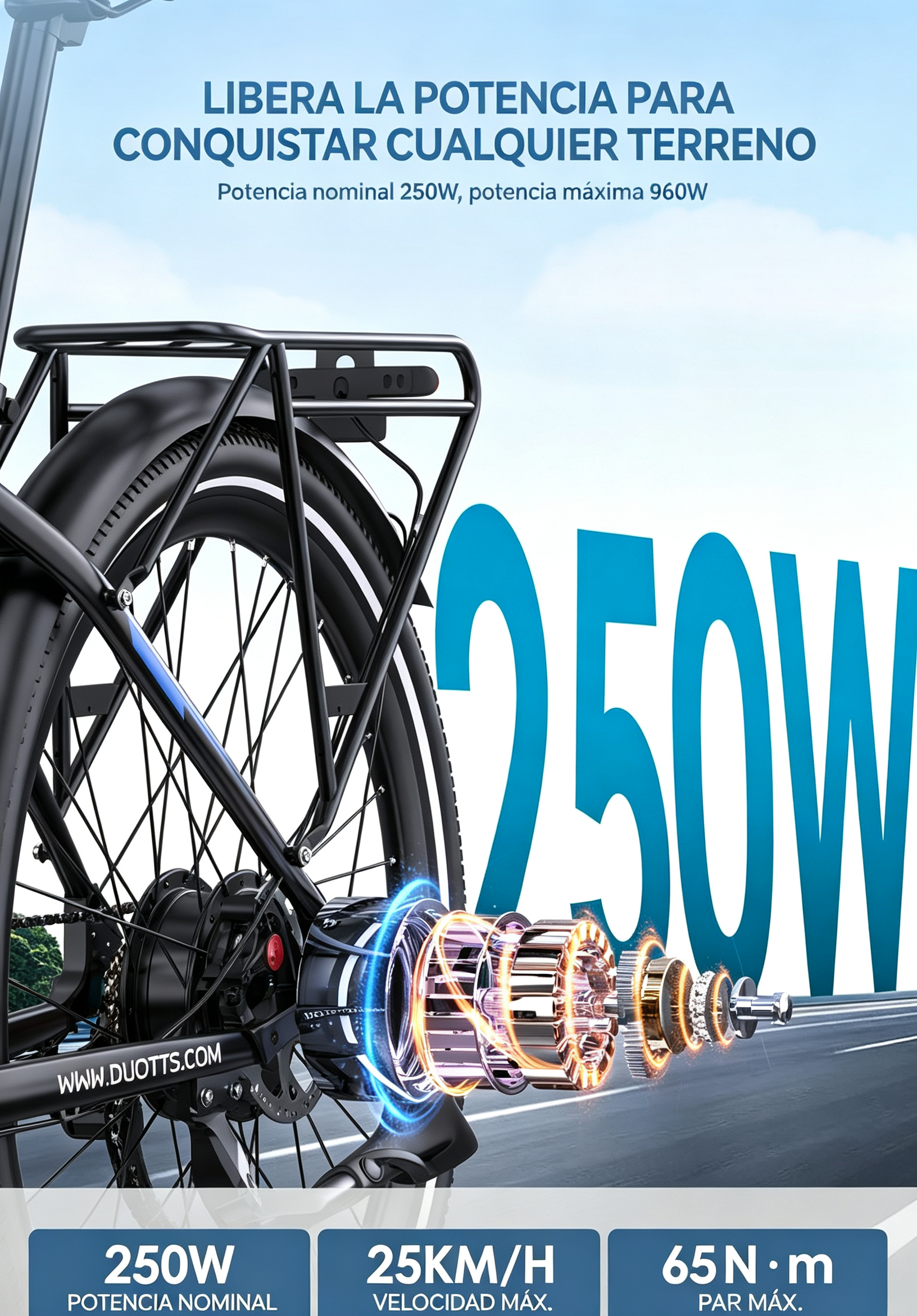 Primer plano de la rueda trasera de una bicicleta eléctrica, mostrando detalles.