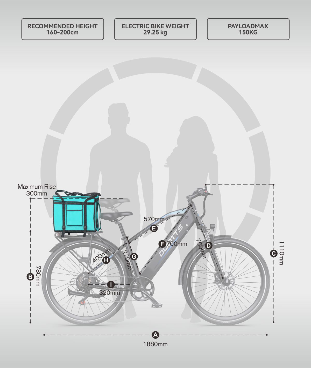 Una bicicleta eléctrica negra con dimensiones y especificaciones. Una bolsa de carga azul está montada.