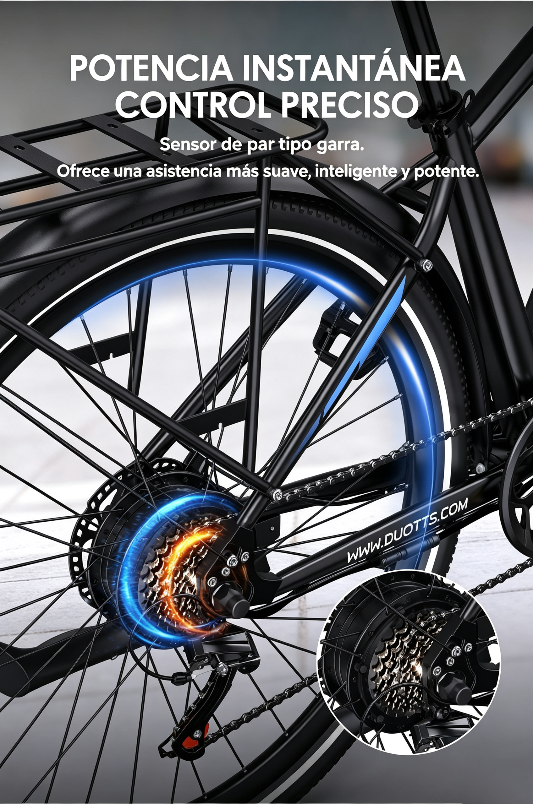 Primer plano de la rueda trasera de una bicicleta negra, mostrando la cadena y los engranajes.