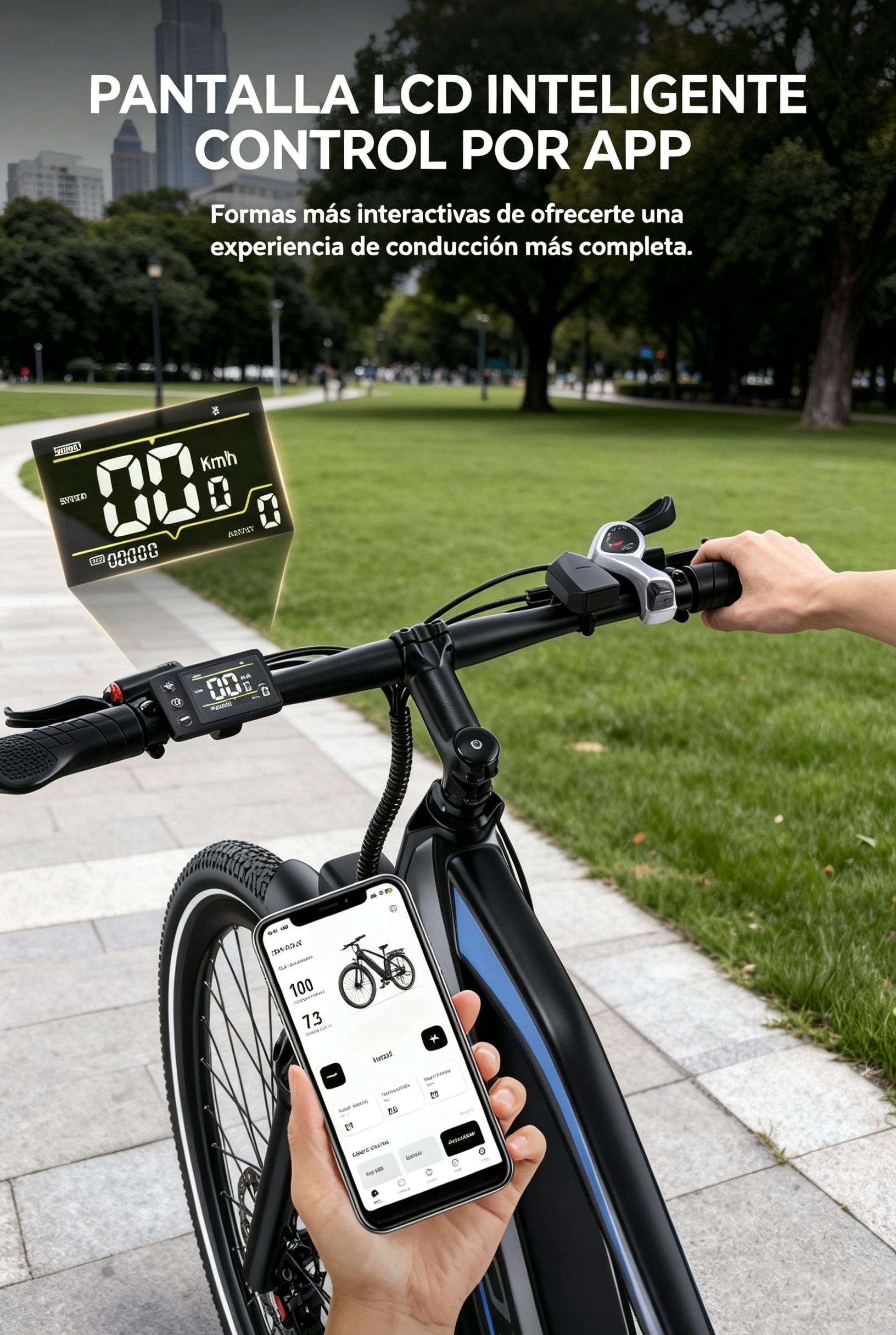 Una bicicleta eléctrica negra con pantalla digital y app de smartphone.