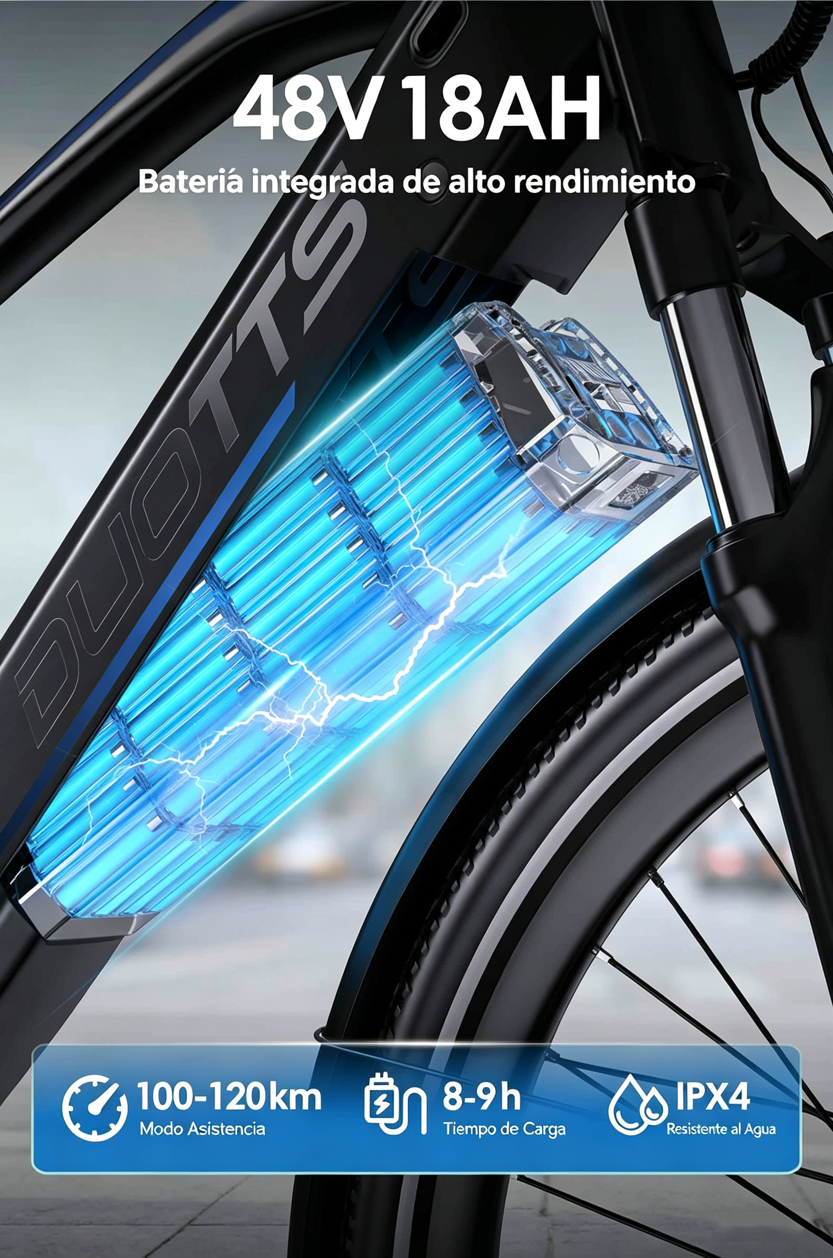 Batería de e-bike 48V 18AH, 100-120km, carga 8-9h, resistente al agua IPX4.