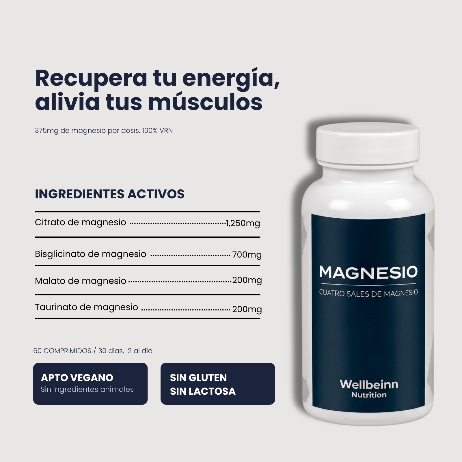 Una botella blanca de suplementos de magnesio. El texto enumera ingredientes activos y beneficios.