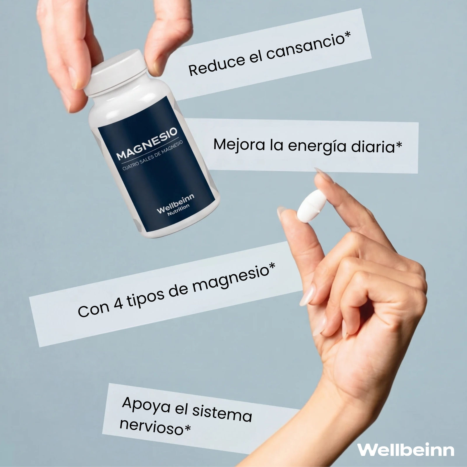 Botella de magnesio y una pastilla, destacando beneficios.