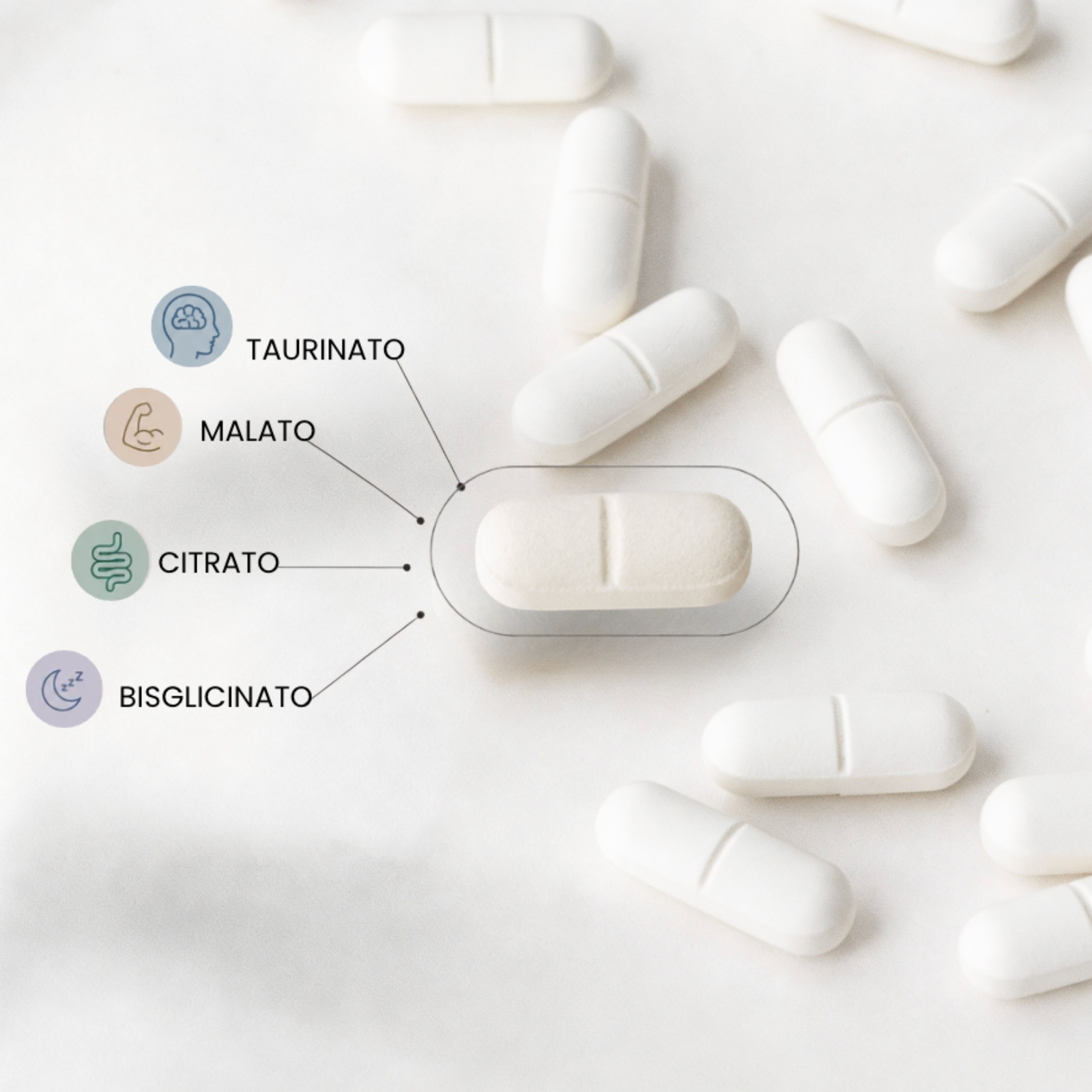 Cápsulas blancas con marcas conectadas a iconos y texto para taurinato, malato, citrato, bisglicinato.