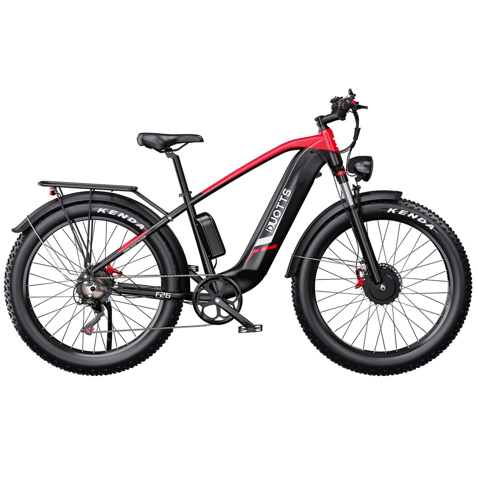 Una bicicleta eléctrica negra con detalles rojos y neumáticos anchos.