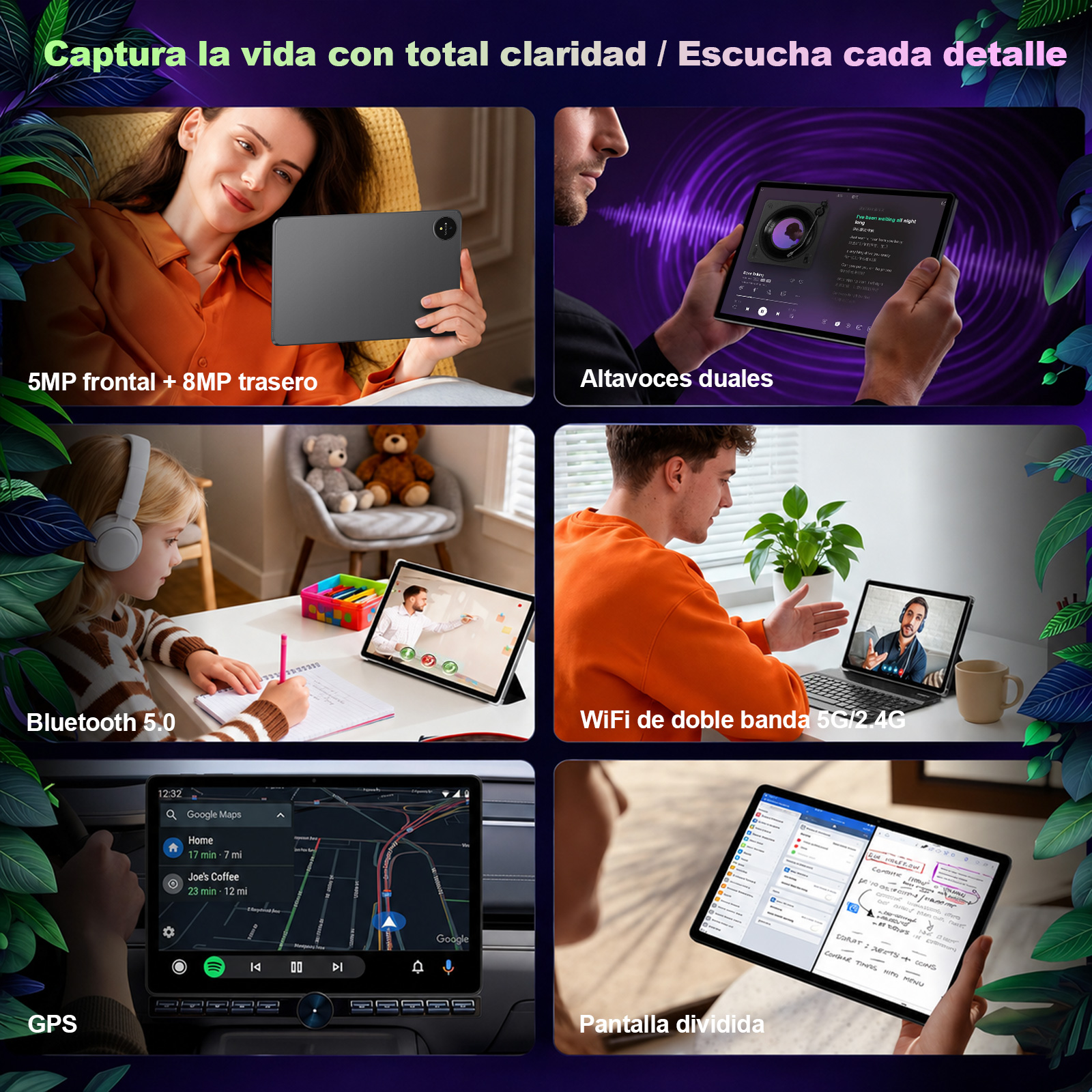 Mujer sujeta tablet, hombre oye música, niña estudia, hombre en videollamada, GPS coche, pantalla dividida.