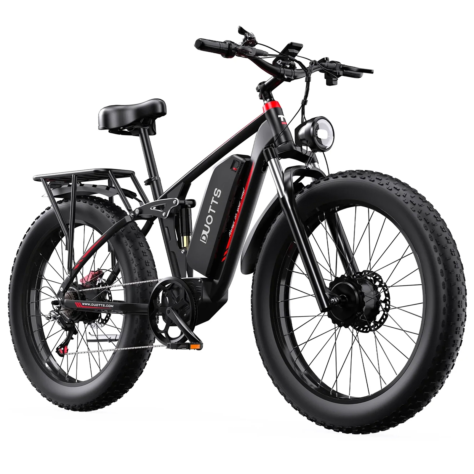 Bicicleta eléctrica negra con neumáticos anchos, suspensión y portaequipajes.