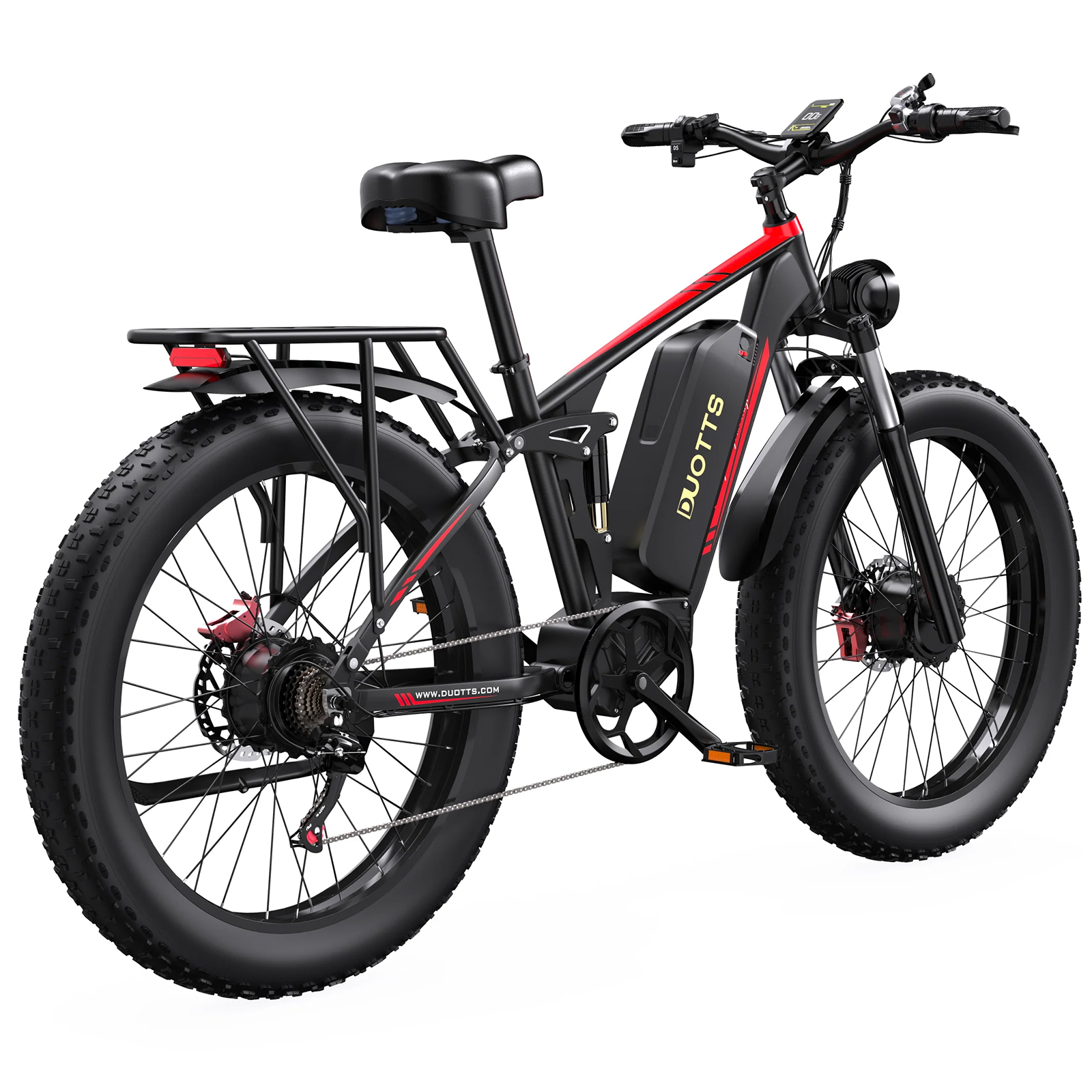 Bicicleta eléctrica negra de llantas anchas con portaequipajes trasero y batería.