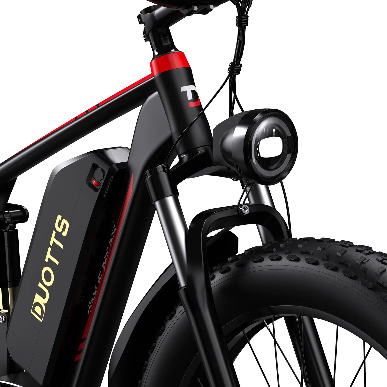 Bicicleta eléctrica negra con raya roja, batería negra y faro LED.