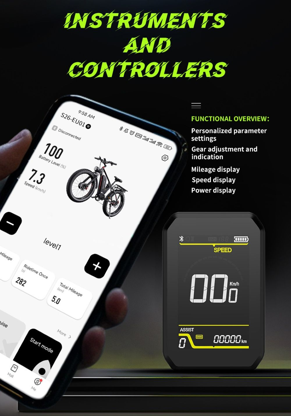 Mano sosteniendo smartphone con app de e-bike; al lado, pantalla muestra velocidad.