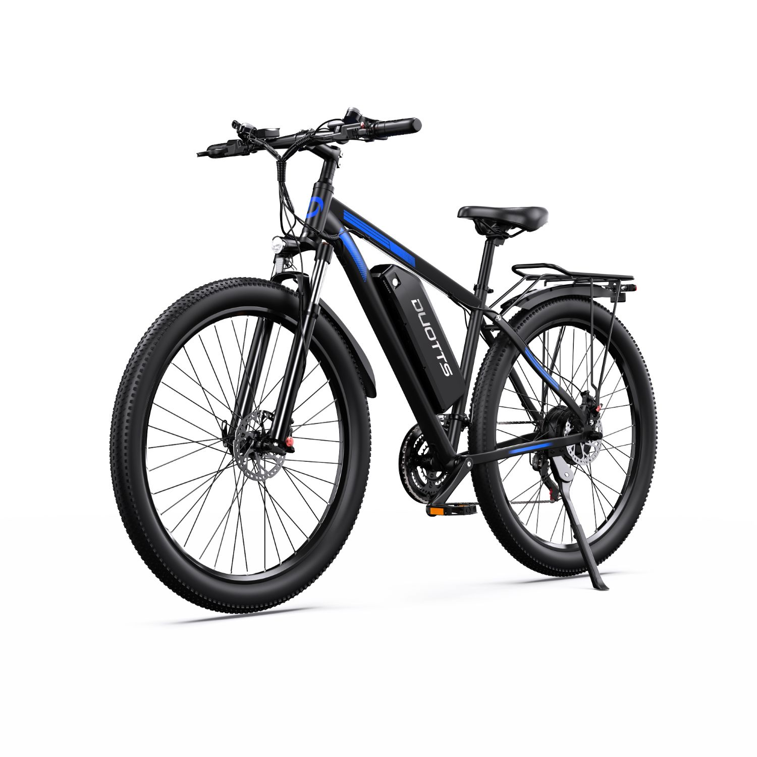 Bicicleta eléctrica negra con detalles azules, neumáticos anchos y portaequipajes.