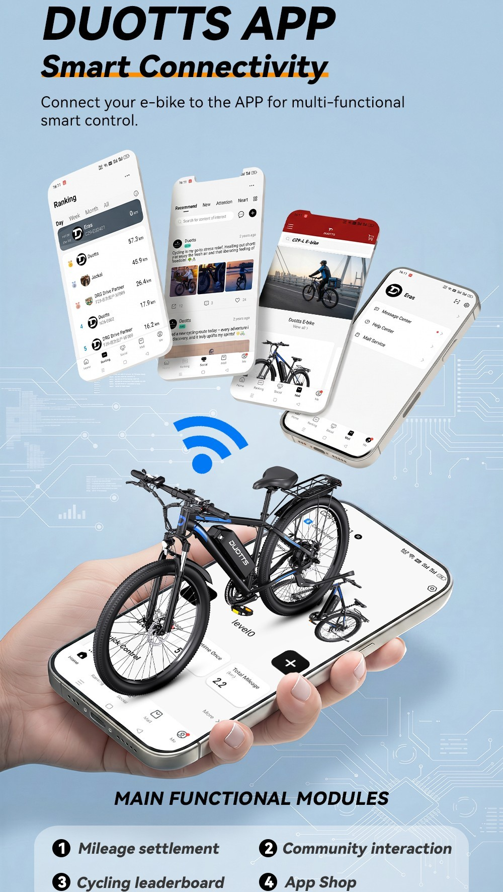 Una bicicleta eléctrica negra cerca de un smartphone que muestra la app Duotts.