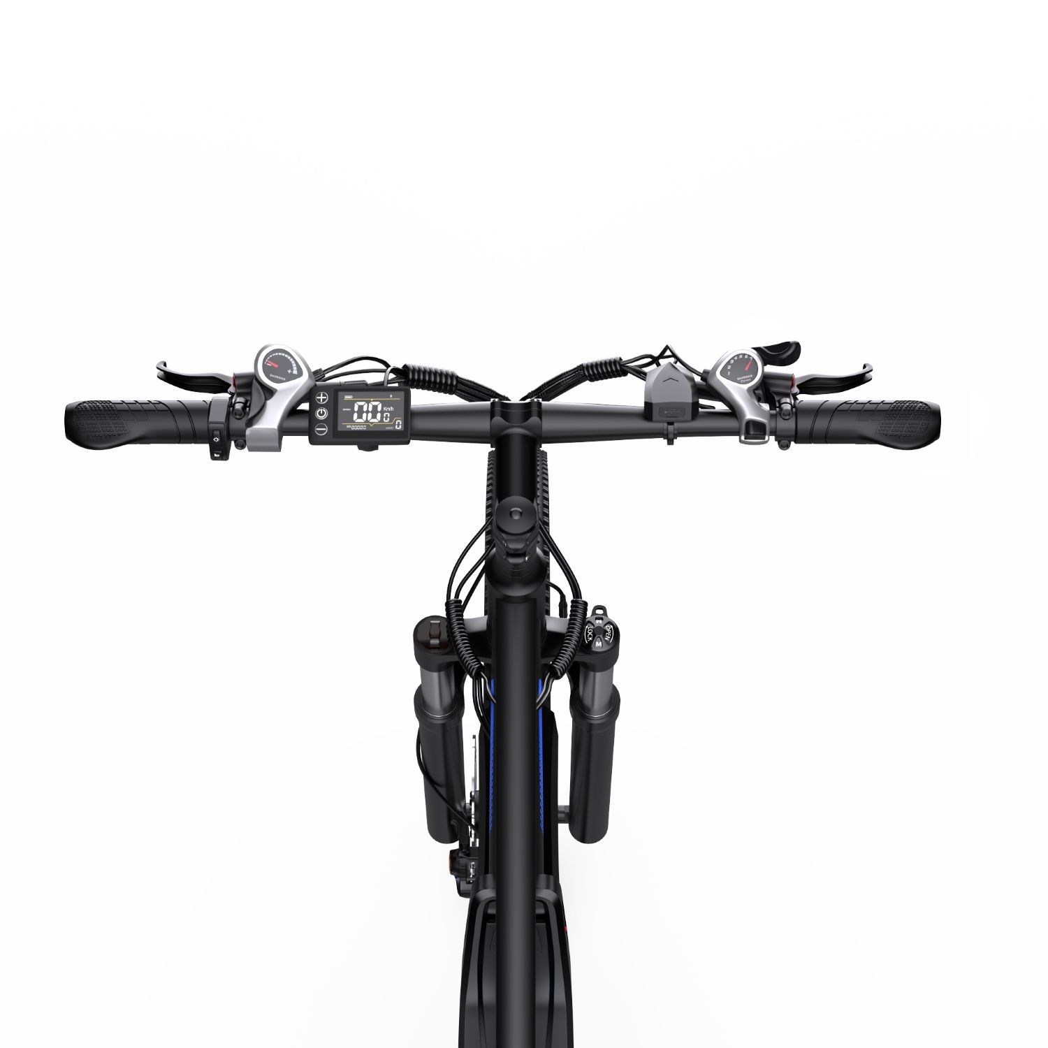 Vista frontal de manillar de e-bike negro, pantalla y horquilla de suspensión.
