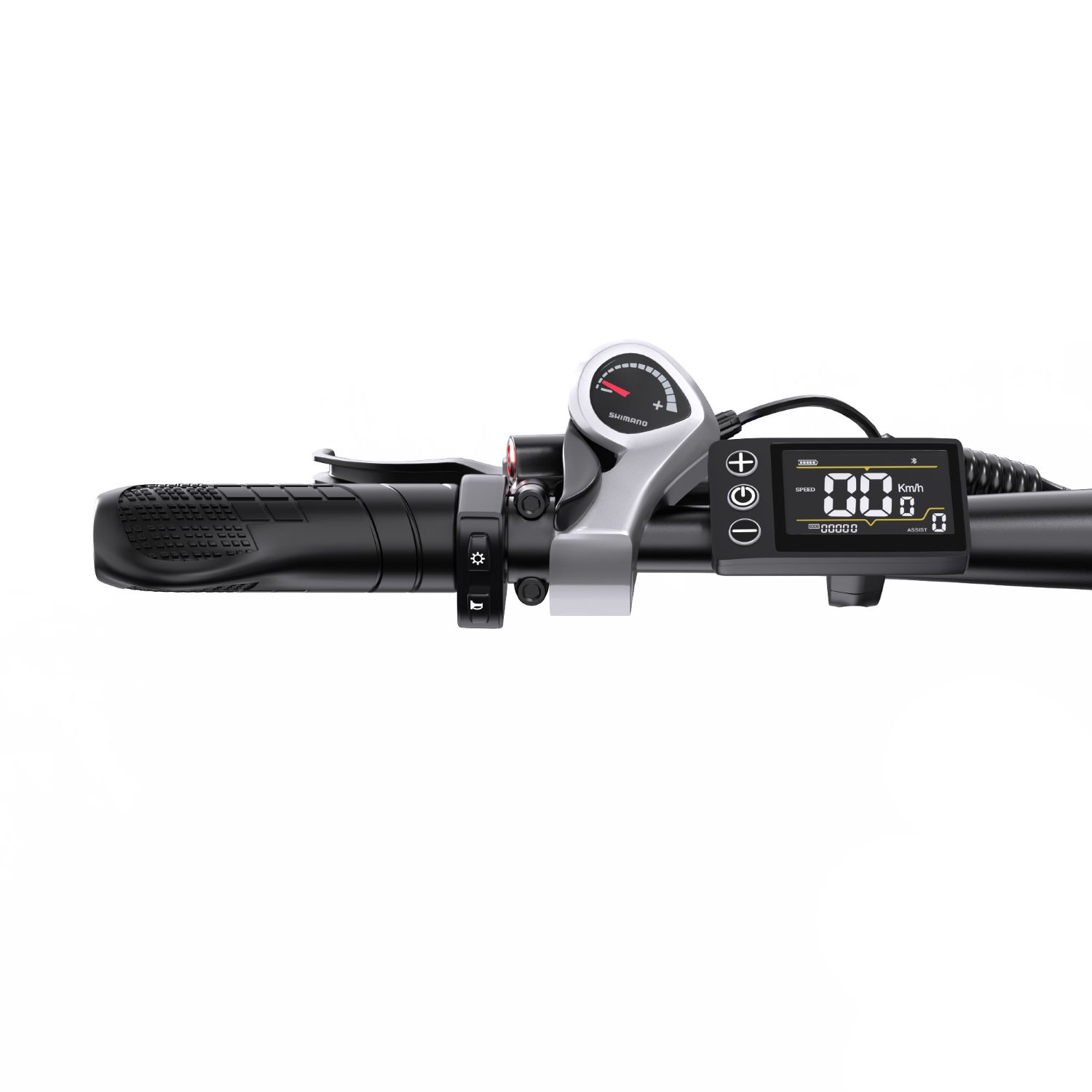 Primer plano del manillar de una e-bike con pantalla digital, puño y controles.