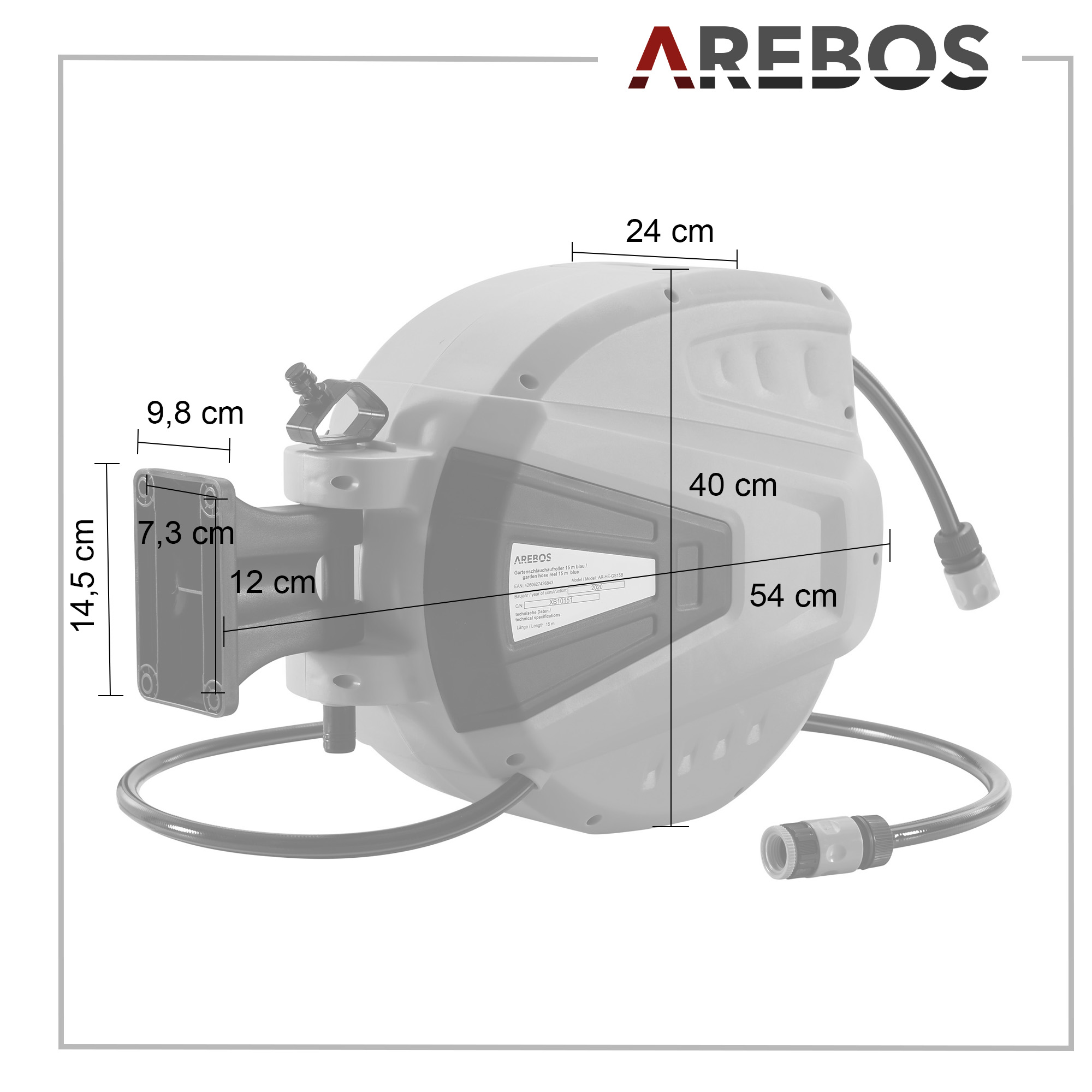 Grauer AREBOS Gartenschlauchaufroller mit Maßen: 14,5x9,8x7,3 cm und 24x40x54 cm.