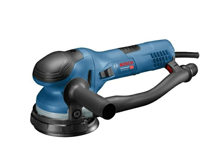 Ein blauer Bosch-Schleifcomputer mit schwarzem Griff und Staubabsaugung.