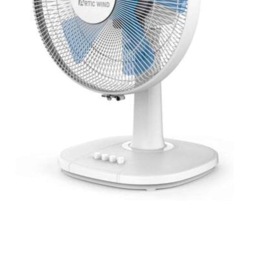 Un ventilador blanco con aspas azules y controles en su base.